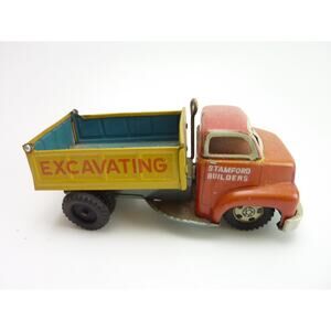 Vintage LINE MAR Stamford Builders Litho Hauling Dumping Truck Metal Tin Toy
